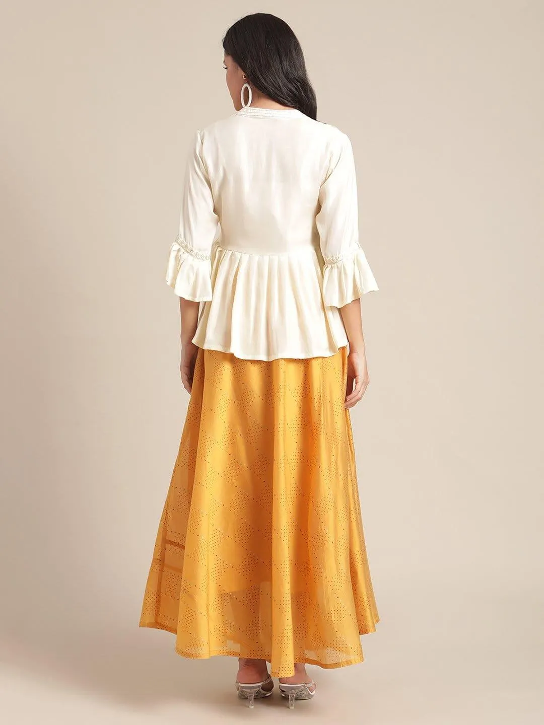 Cream Embellished Peplum Top With Mustard Printed Flared Skirt