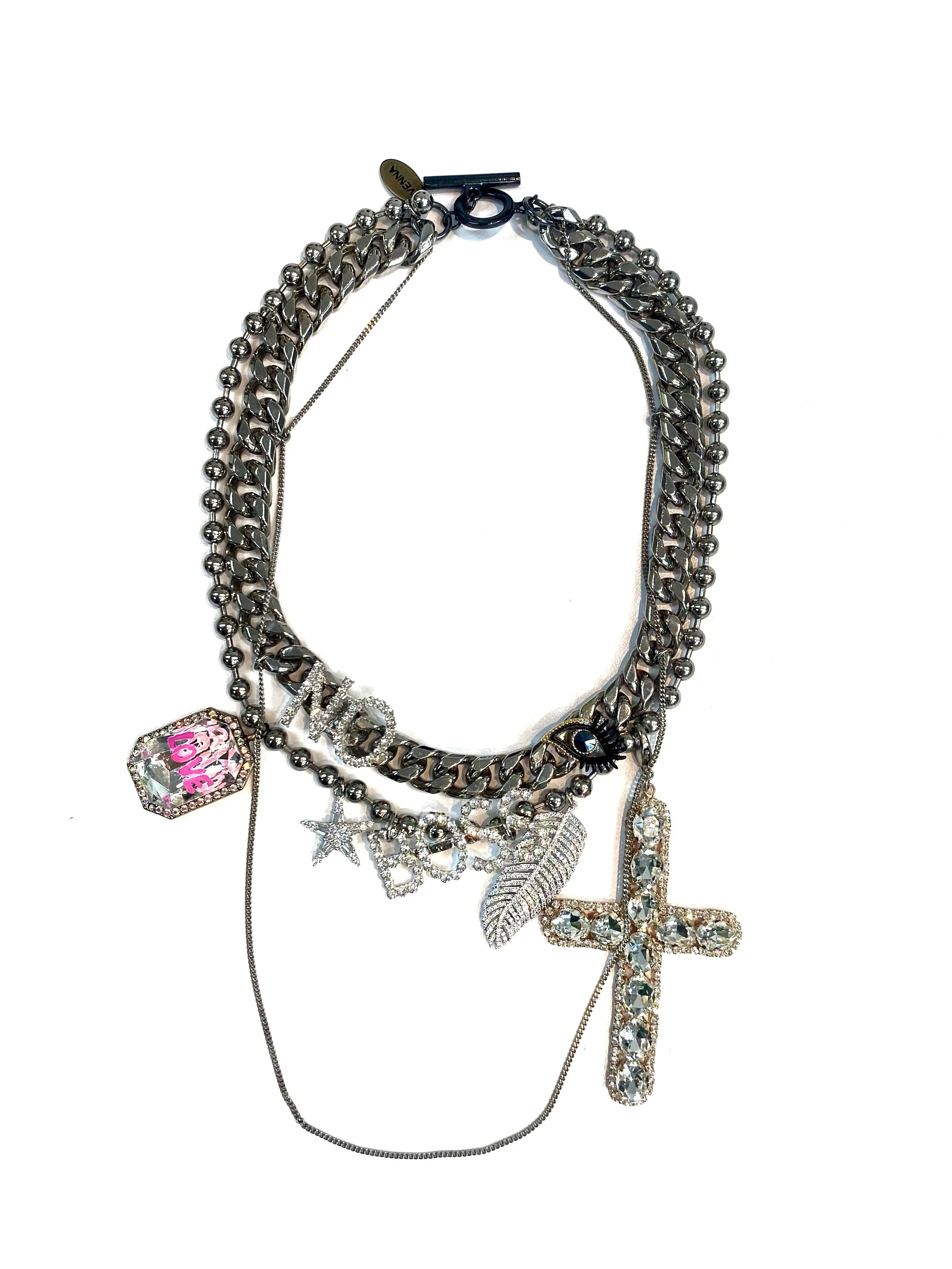 CRYSTAL EMBELLISHED CHAIN LAYERED LOVE NECKLACE