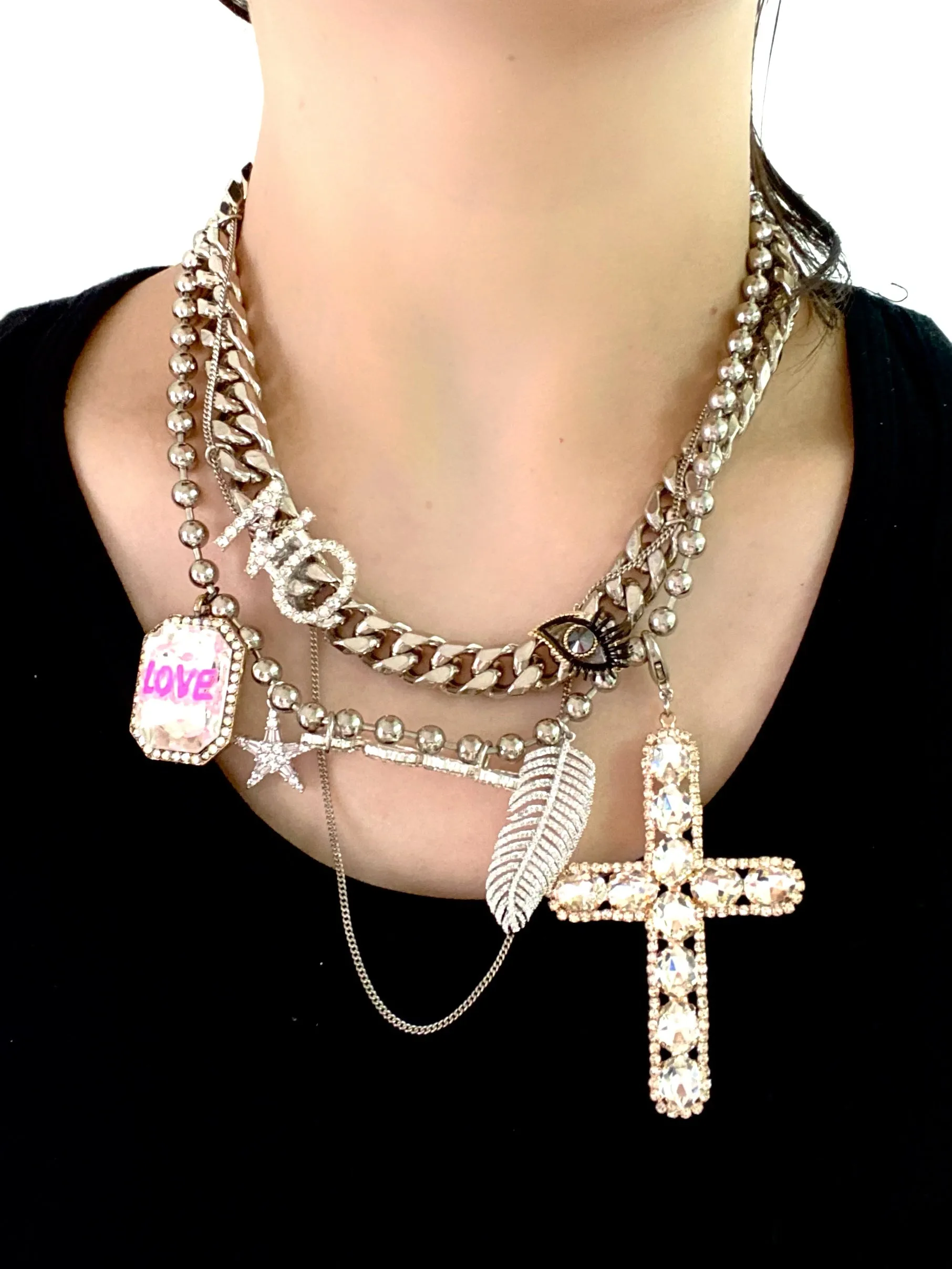 CRYSTAL EMBELLISHED CHAIN LAYERED LOVE NECKLACE