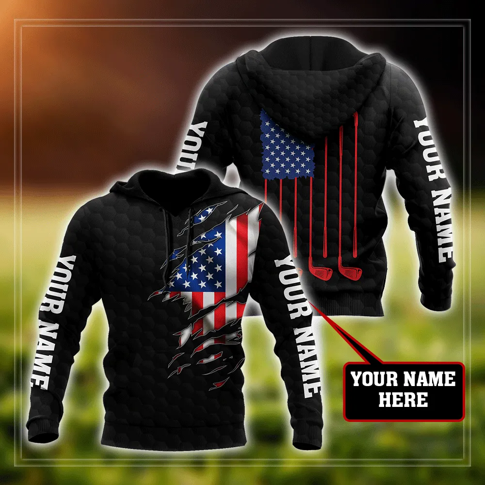 Customized Name Golf US Flag Black Golf Pattern Sweatshirt Zip Hoodie Christmas Shirts