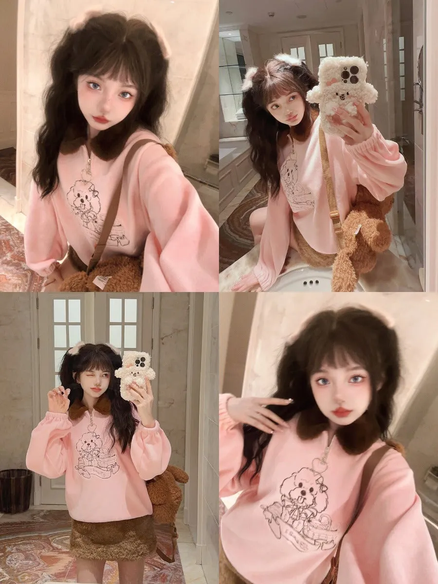 Cute Sweet Embroidered Patchwork Fur Collar Plush Sweatshirt Top