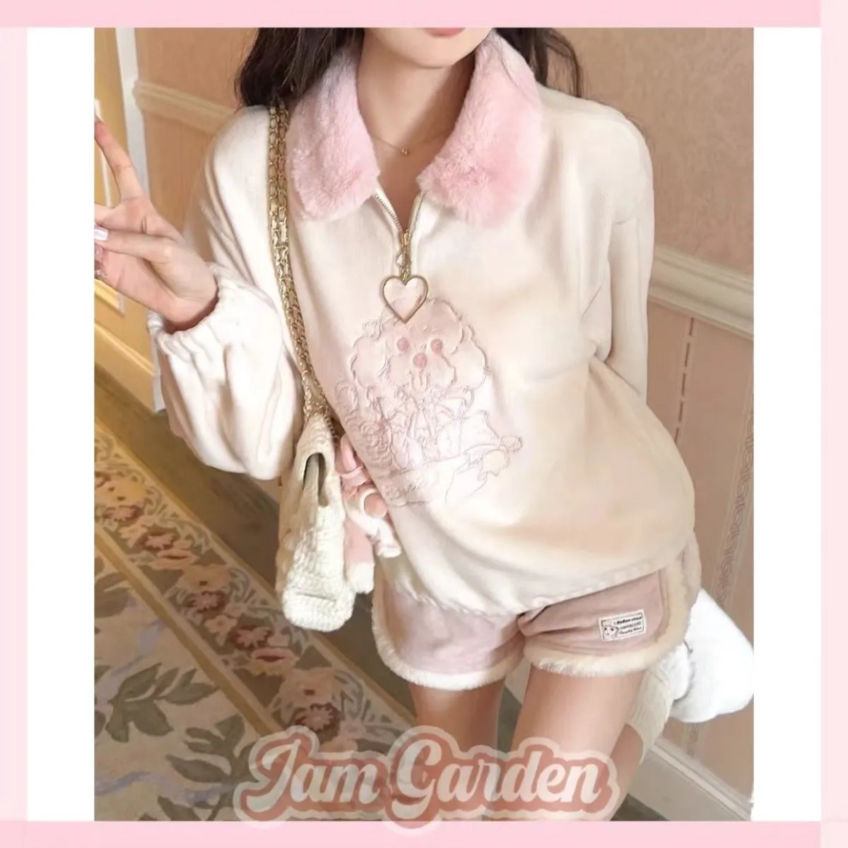 Cute Sweet Embroidered Patchwork Fur Collar Plush Sweatshirt Top