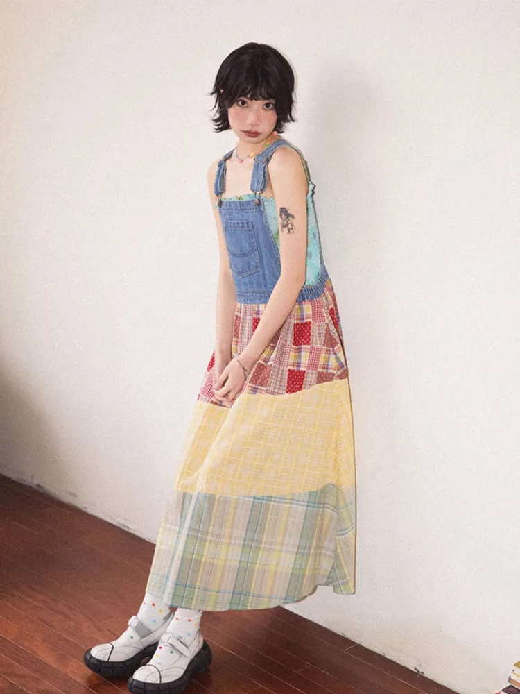 Denim patchwork suspender dress【s0000007800】