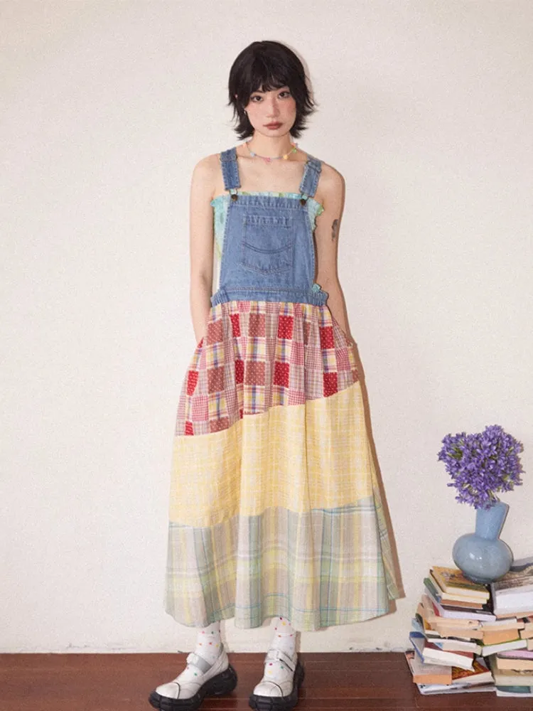 Denim patchwork suspender dress【s0000007800】