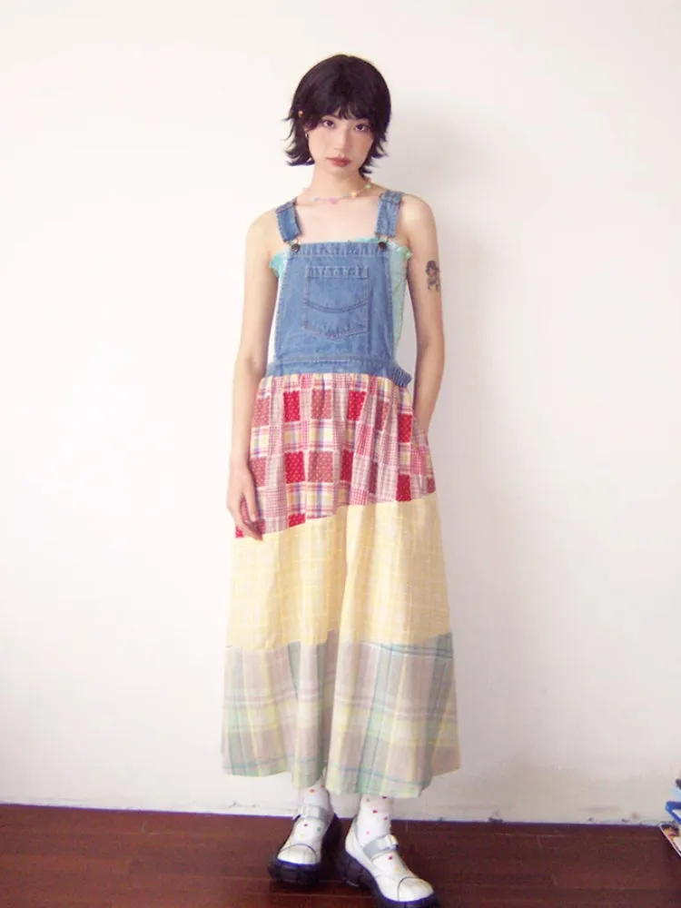 Denim patchwork suspender dress【s0000007800】