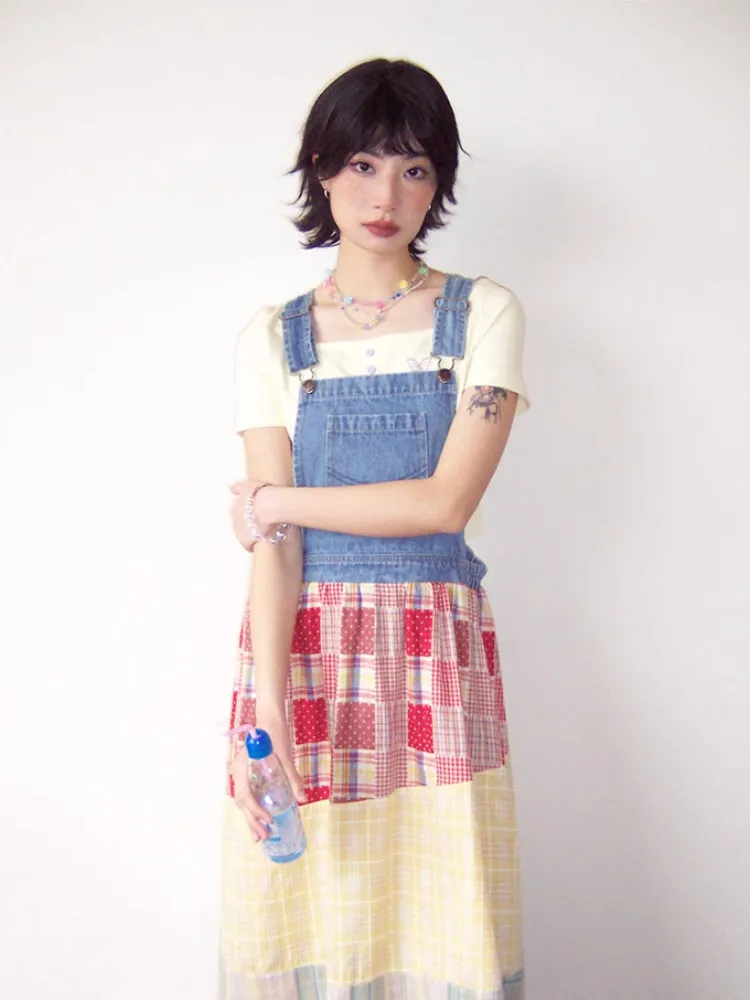 Denim patchwork suspender dress【s0000007800】