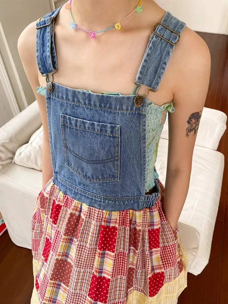 Denim patchwork suspender dress【s0000007800】