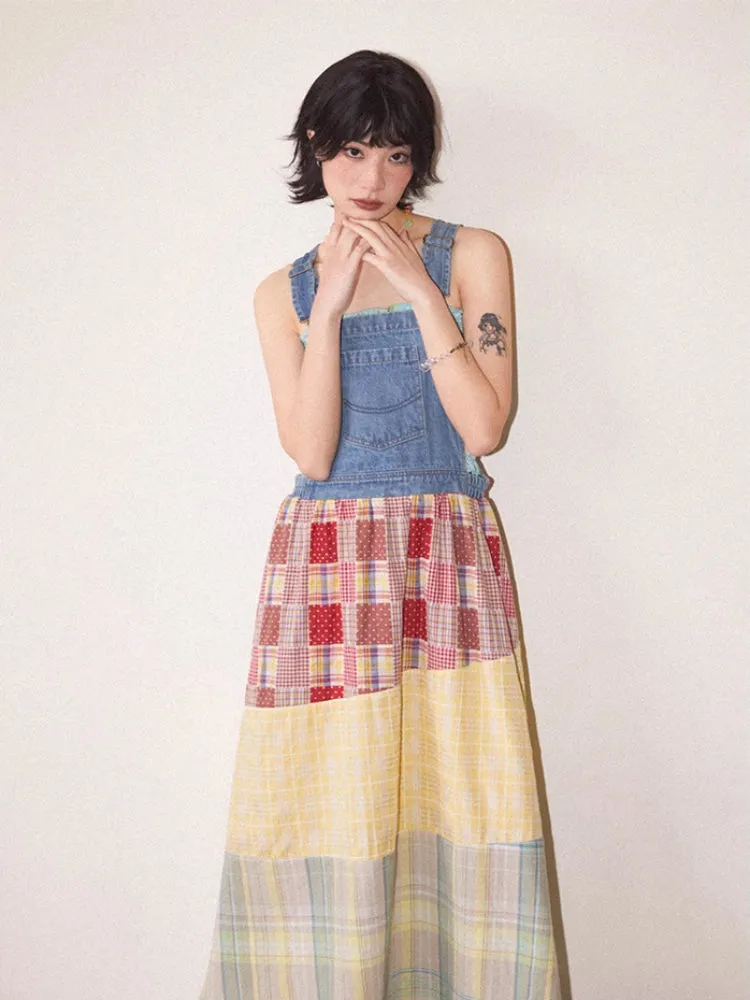 Denim patchwork suspender dress【s0000007800】