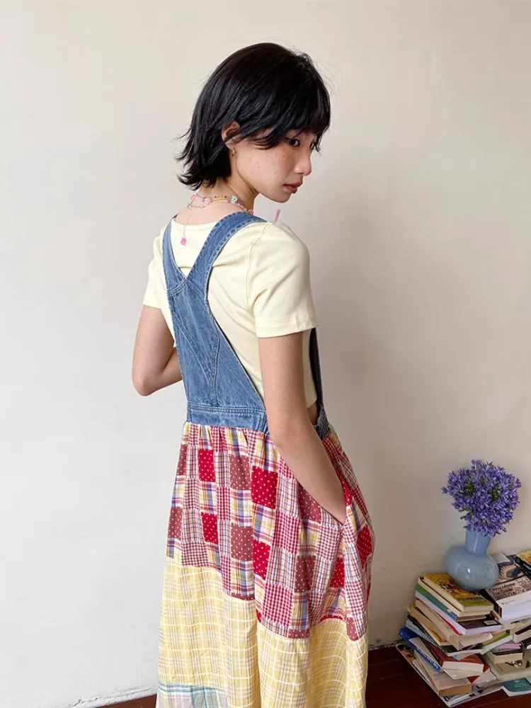 Denim patchwork suspender dress【s0000007800】