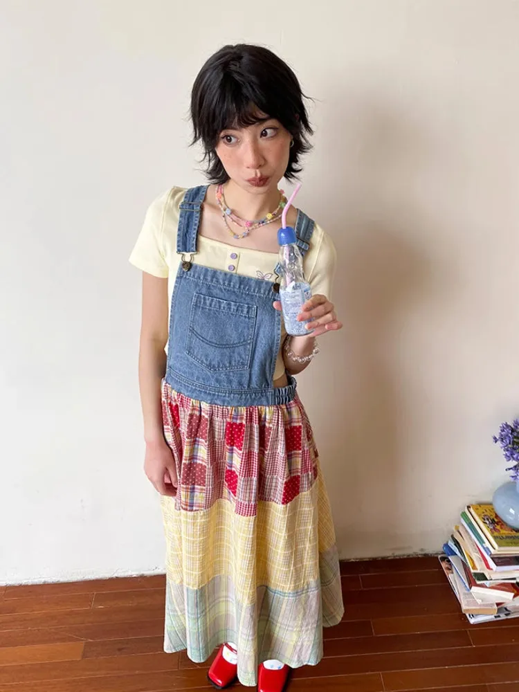 Denim patchwork suspender dress【s0000007800】