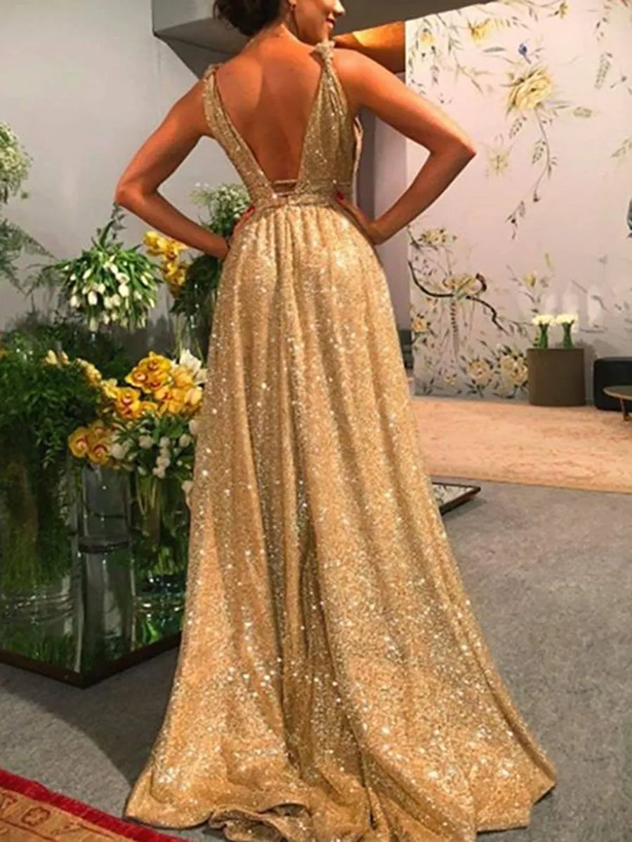 Elegant Sexy Shiny Backless Evening Dress