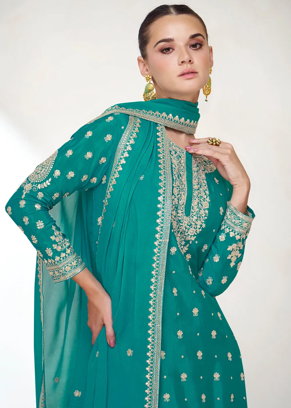 Embroidered Chinnon Turquoise Wedding Gharara Style Suit