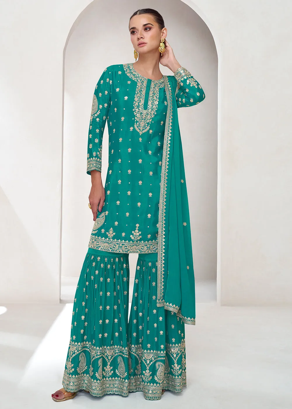 Embroidered Chinnon Turquoise Wedding Gharara Style Suit