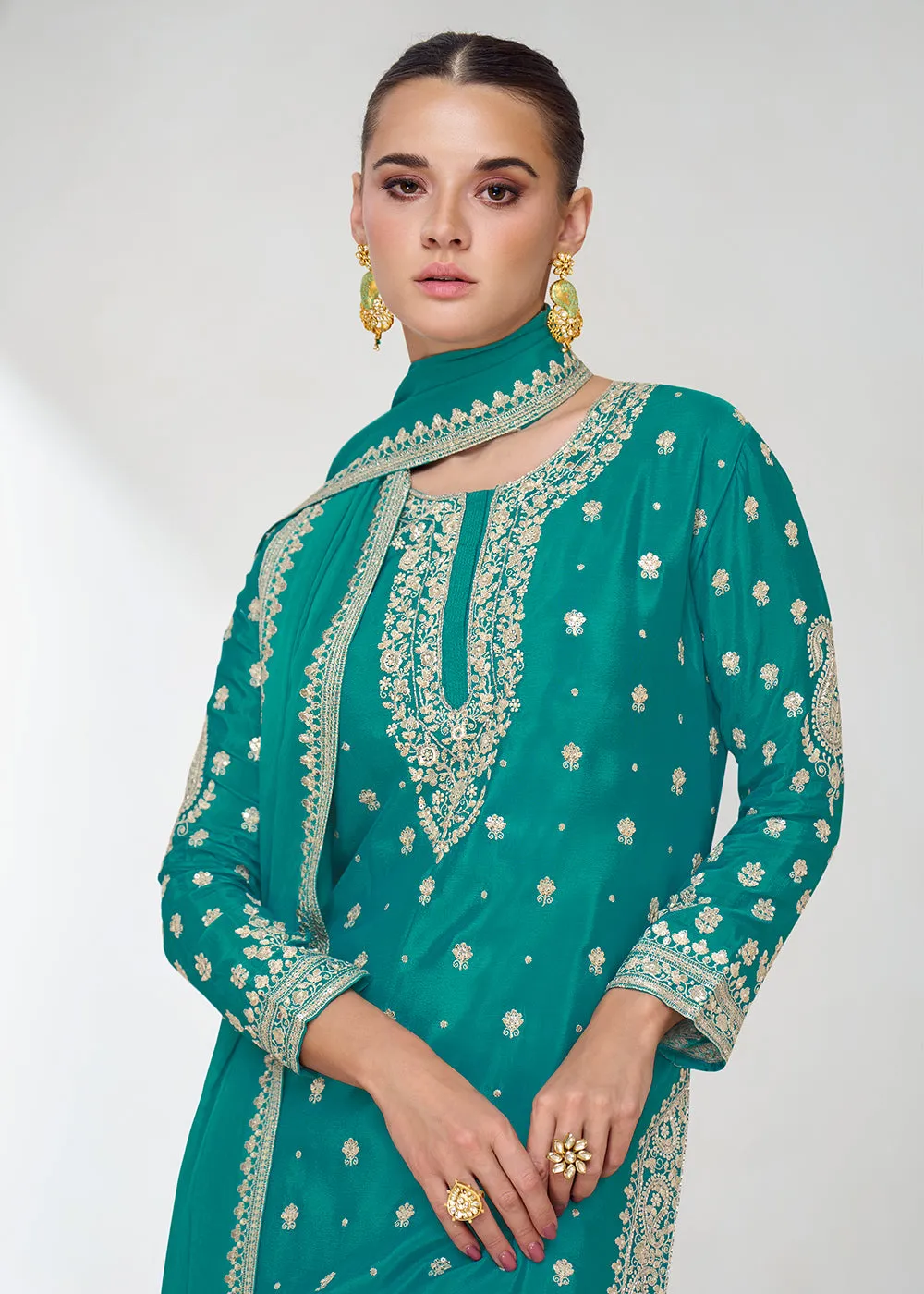 Embroidered Chinnon Turquoise Wedding Gharara Style Suit