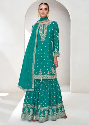 Embroidered Chinnon Turquoise Wedding Gharara Style Suit