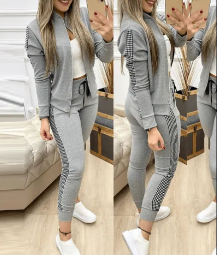 European And American Grey Stitching Plaid Casual Suit