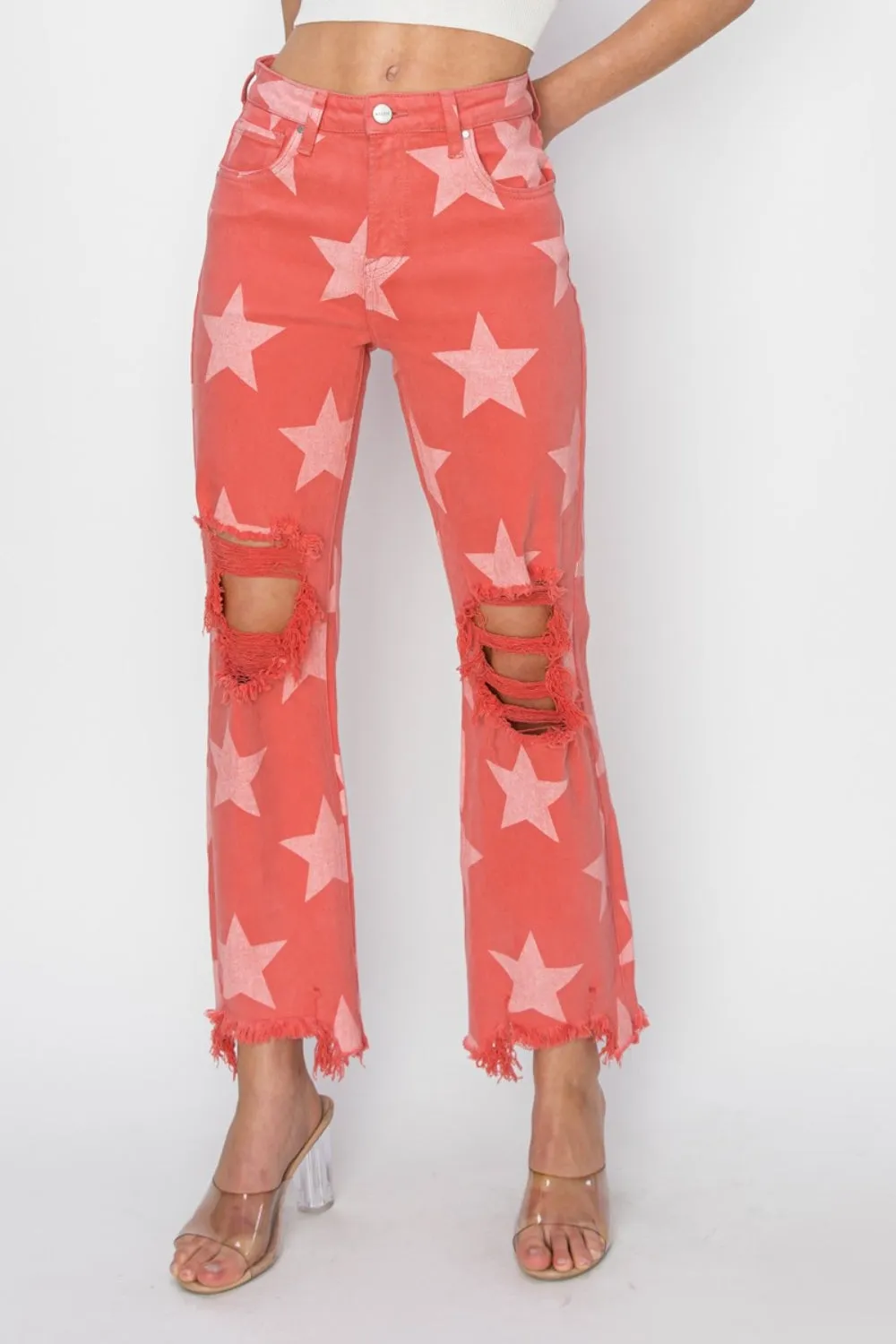 Full Size Distressed Raw Hem Star Pattern Jeans