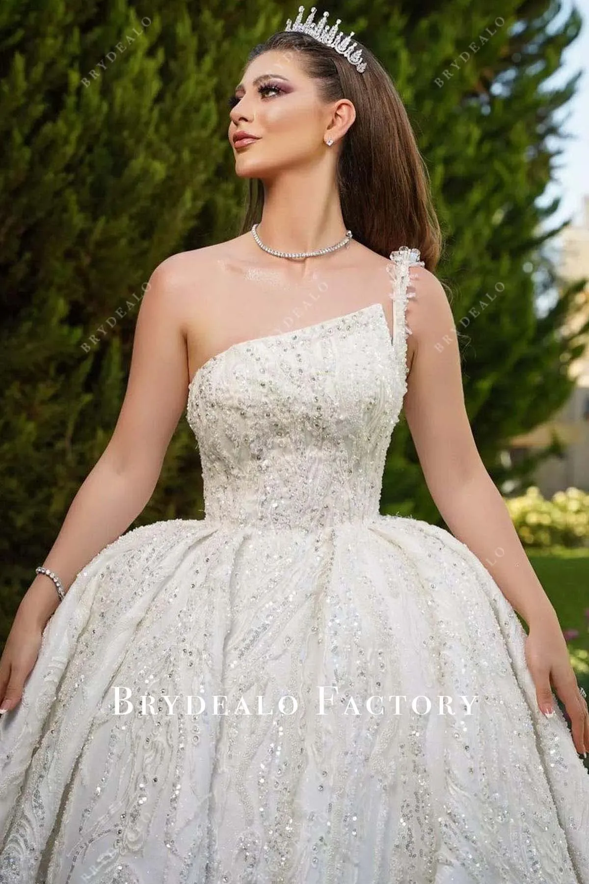 Glamorous One Shoulder Beaded Ball Gown Wedding Dress