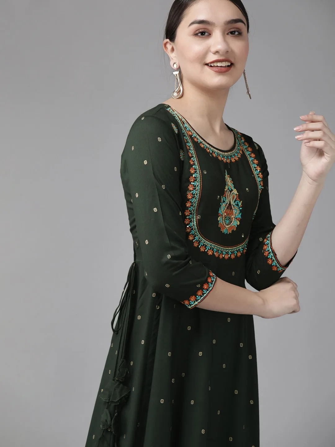 Green & Golden Printed Dress