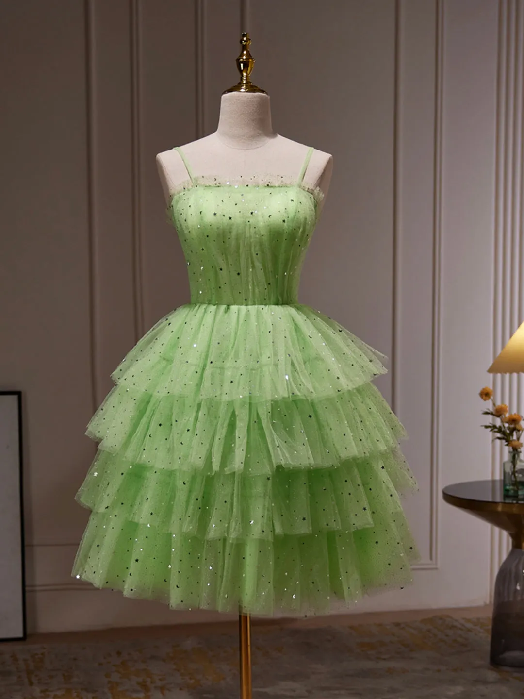 Green Tulle Straps Short Party Dress Light Green Homecoming Dress