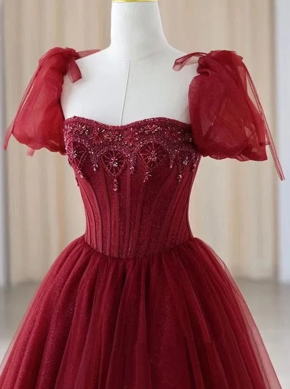 Handmade Retro Princess Tulle Embellished Red Prom Evening Dress