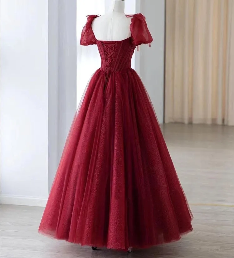 Handmade Retro Princess Tulle Embellished Red Prom Evening Dress