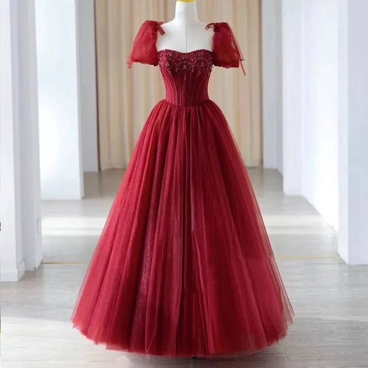 Handmade Retro Princess Tulle Embellished Red Prom Evening Dress