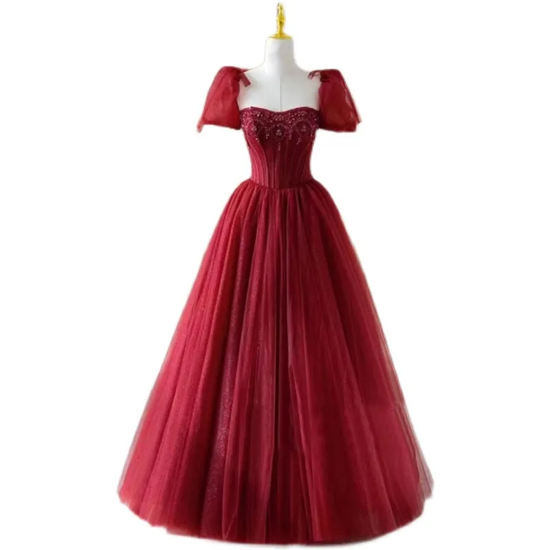 Handmade Retro Princess Tulle Embellished Red Prom Evening Dress