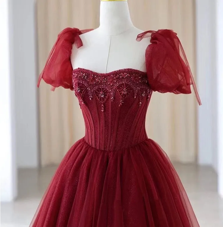 Handmade Retro Princess Tulle Embellished Red Prom Evening Dress