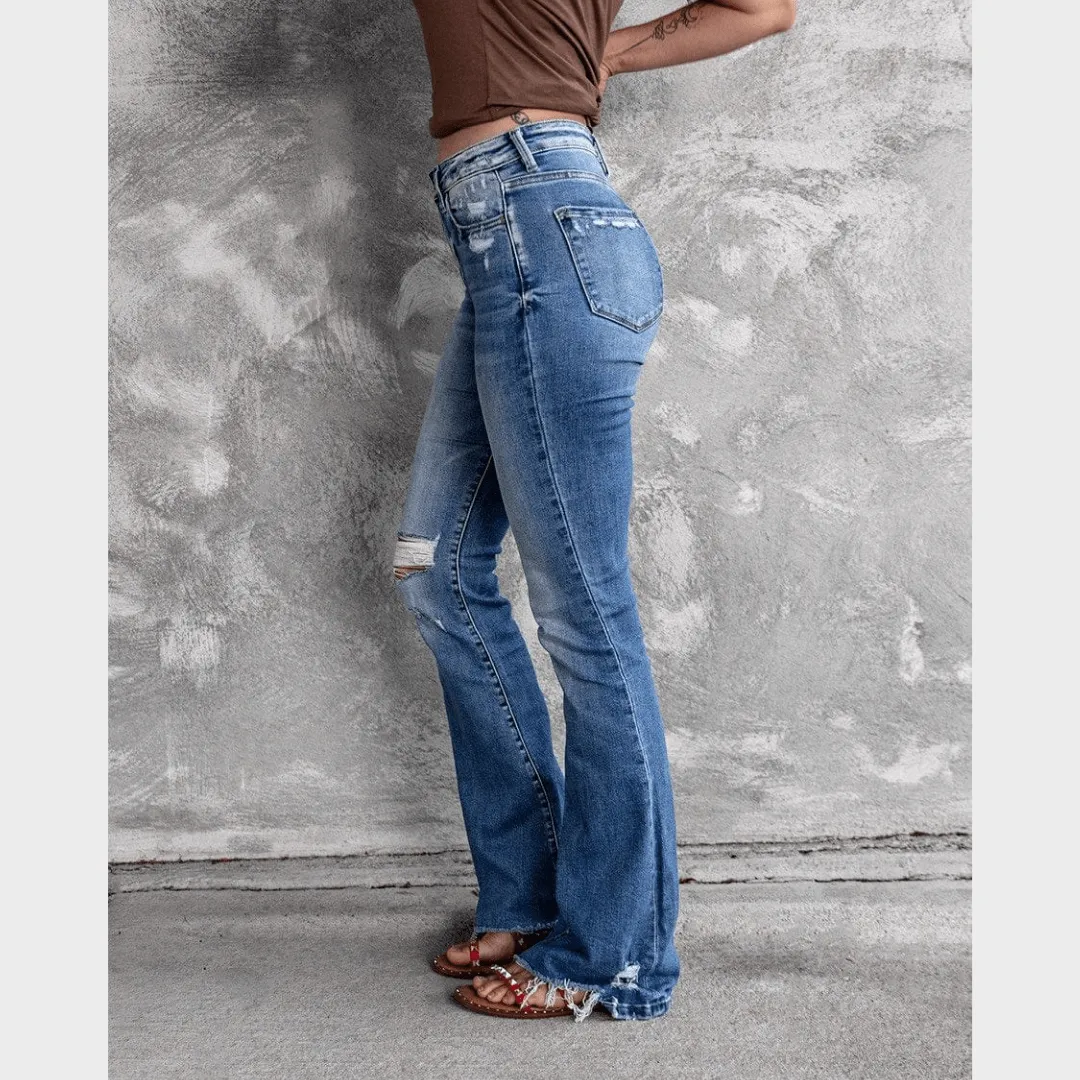 High Waist Ripped Flare Leg Denim Jeans