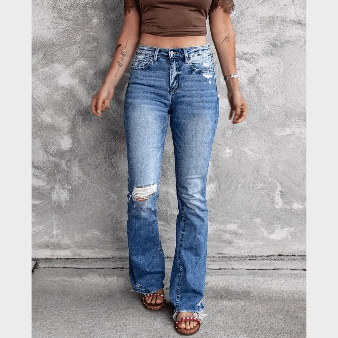 High Waist Ripped Flare Leg Denim Jeans