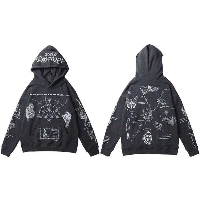 Hoodie Sweatshirt Men Streetwear Skull Graffiti Print