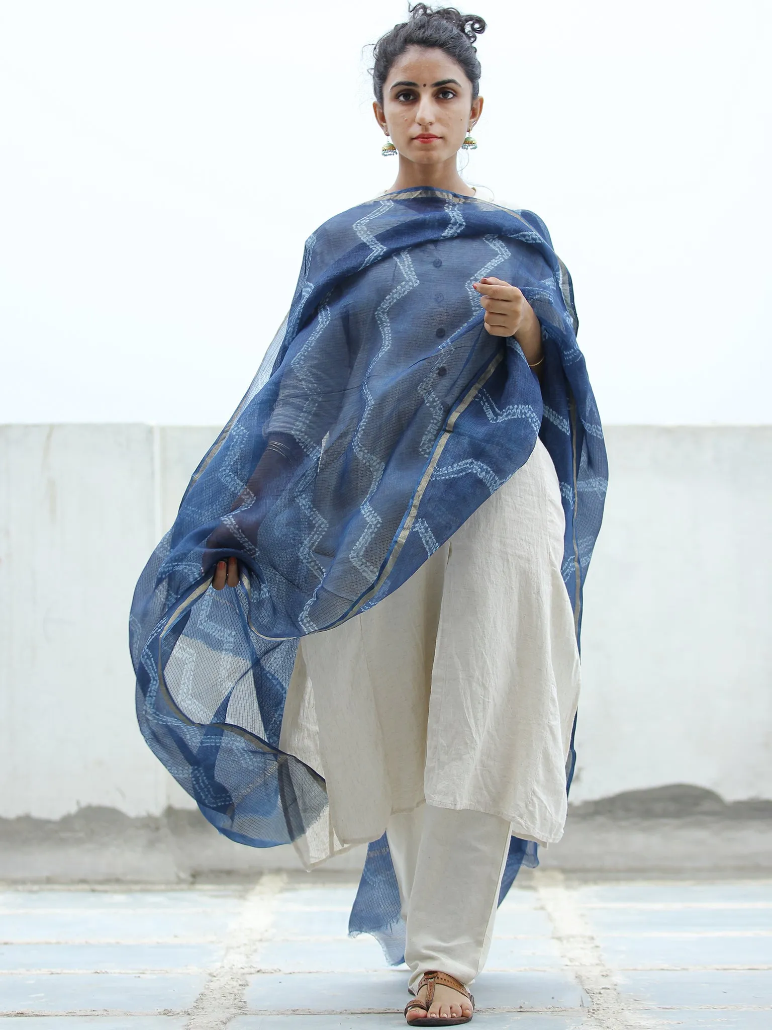 Indigo Ivory Kota Silk Hand Block Printed Dupatta - D04170346