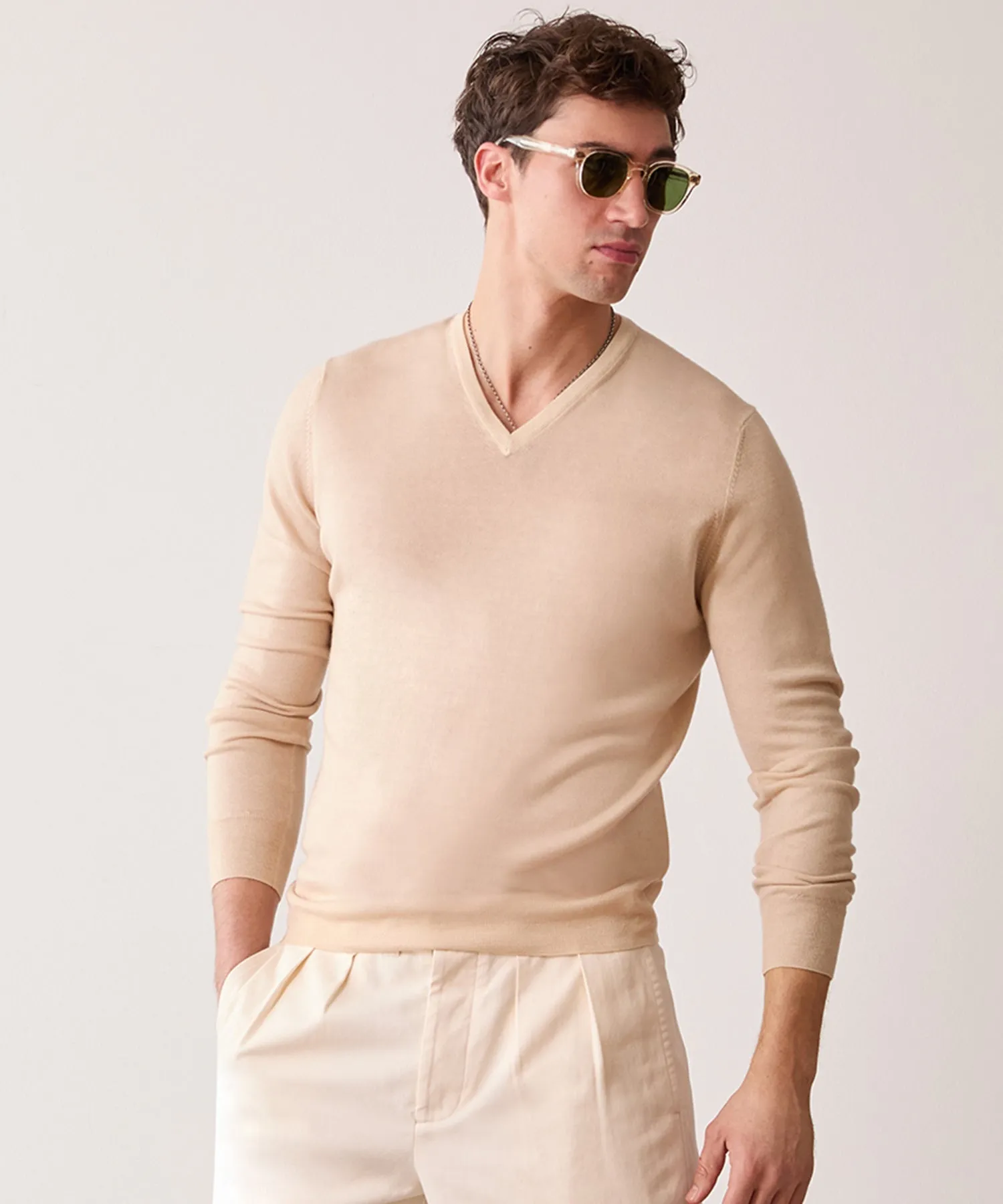 Italian Cashmere V-Neck Sweater in Khaki