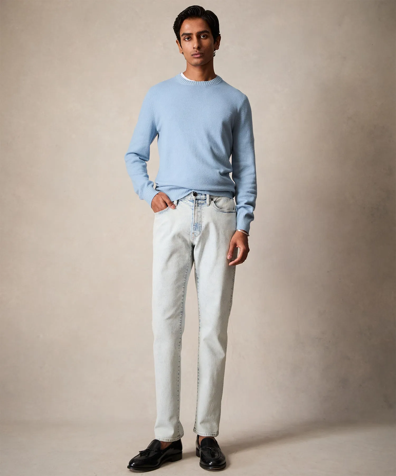 Italian Garment Dyed Cashmere Crewneck Sweater in Light Blue