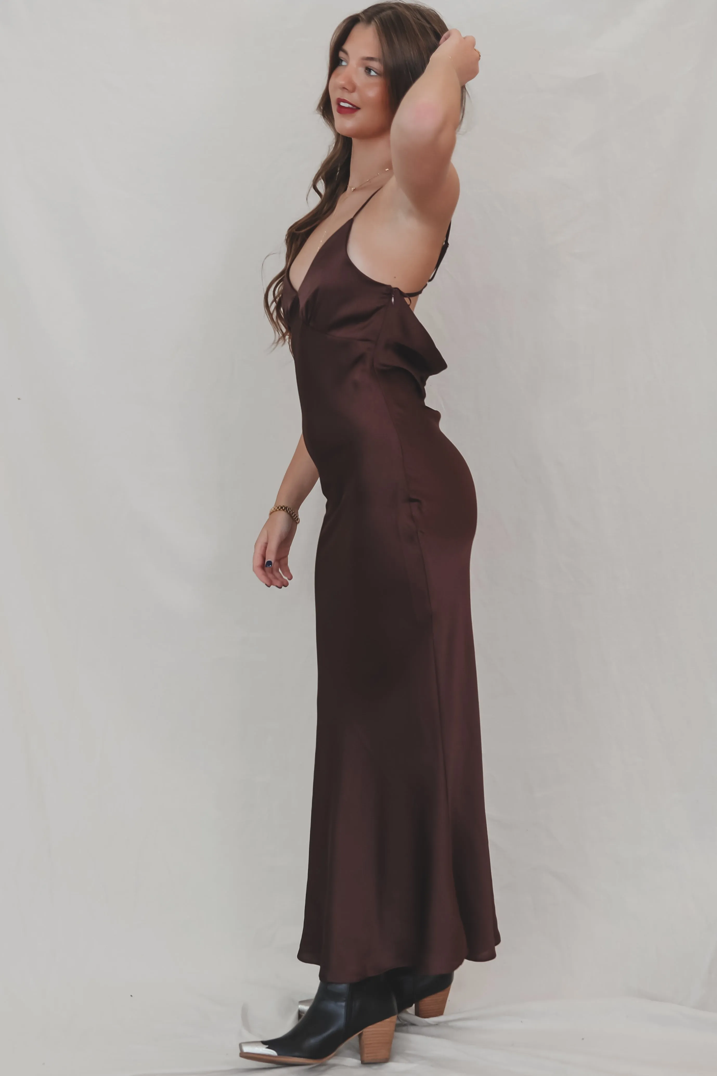 It's A Date Brown Satin Maxi Dress