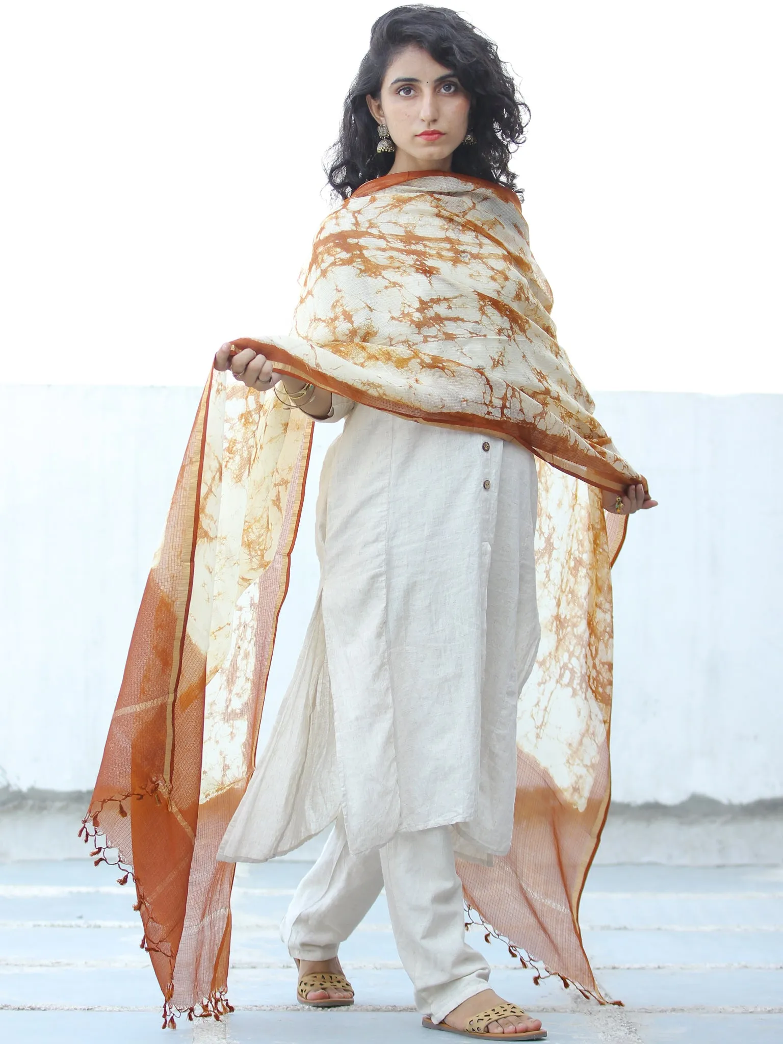 Ivory Light Brown Kota Silk Hand Block Printed Dupatta - D04170640