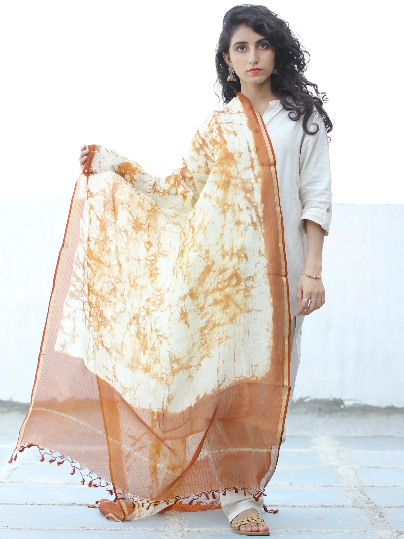 Ivory Light Brown Kota Silk Hand Block Printed Dupatta - D04170640