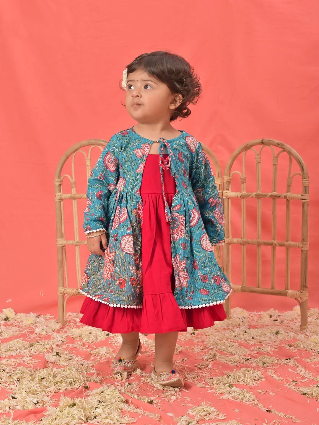 Jashvi Girl's Red Anarkali Dress With Printed Jacket