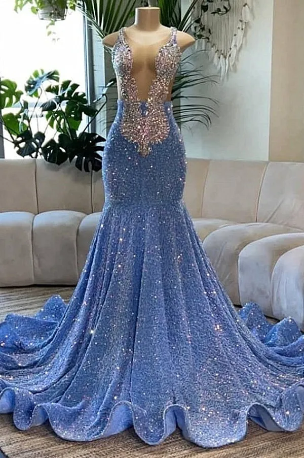 kamahe Deep V-Neck Mermaid Sequins Backless Prom Dress