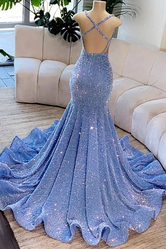 kamahe Deep V-Neck Mermaid Sequins Backless Prom Dress