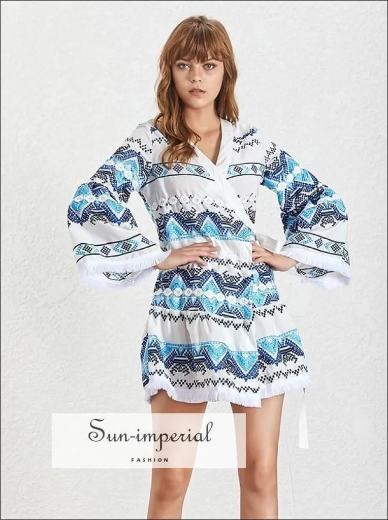 Kimono Dress - Women Embroidery Warp Tie Mini Dress V Neck Flare Sleeve