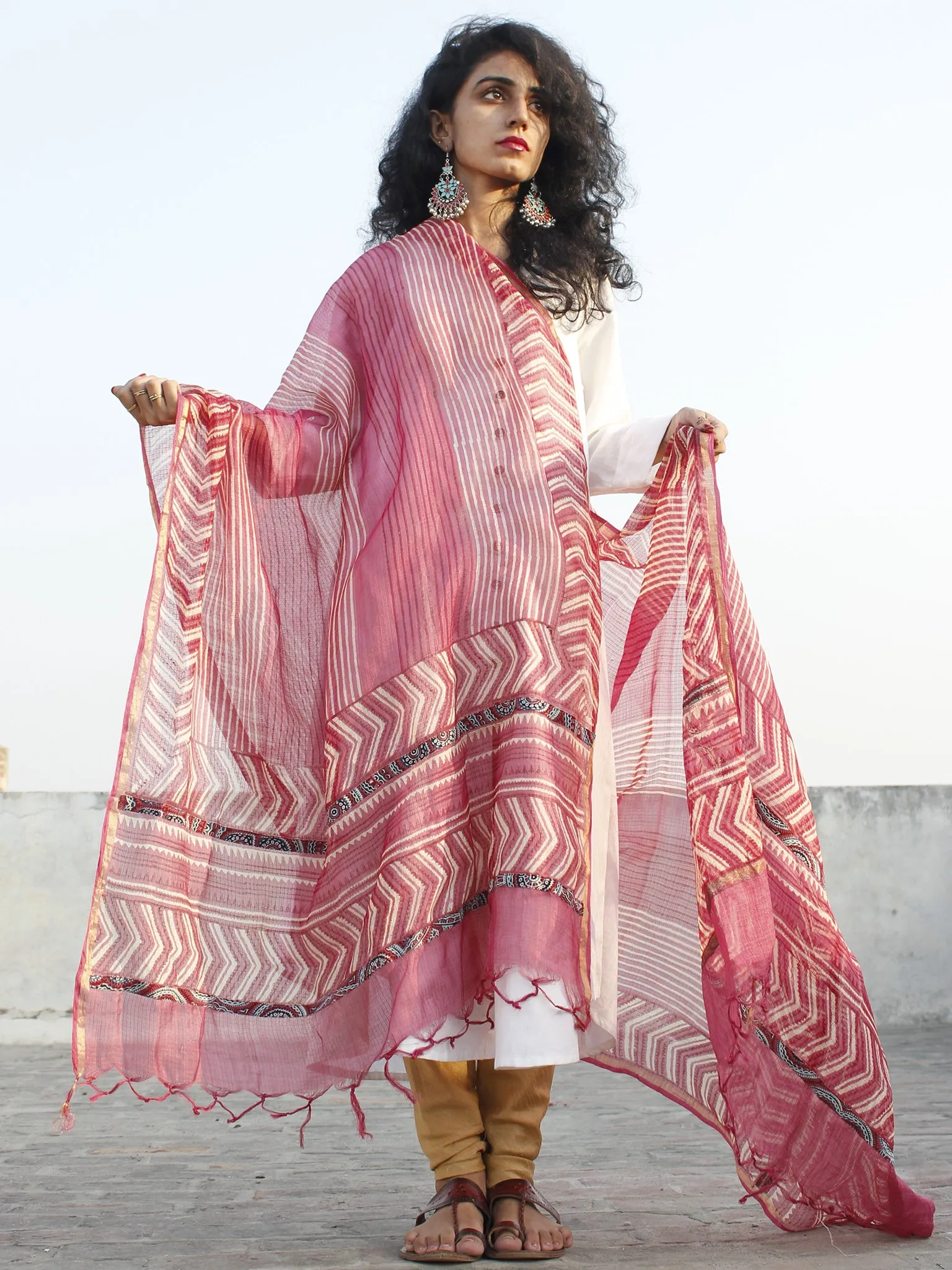 Lavender Maroon Ivory Kota Silk Hand Black Printed Dupatta With Ajrakh Printed Stitched Border - D04170136