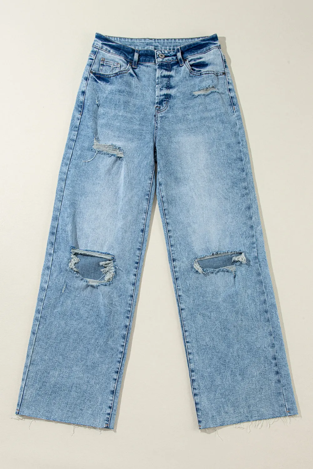 Light Blue Distressed Ripped Raw Hem Straight Jeans