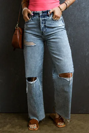 Light Blue Distressed Ripped Raw Hem Straight Jeans