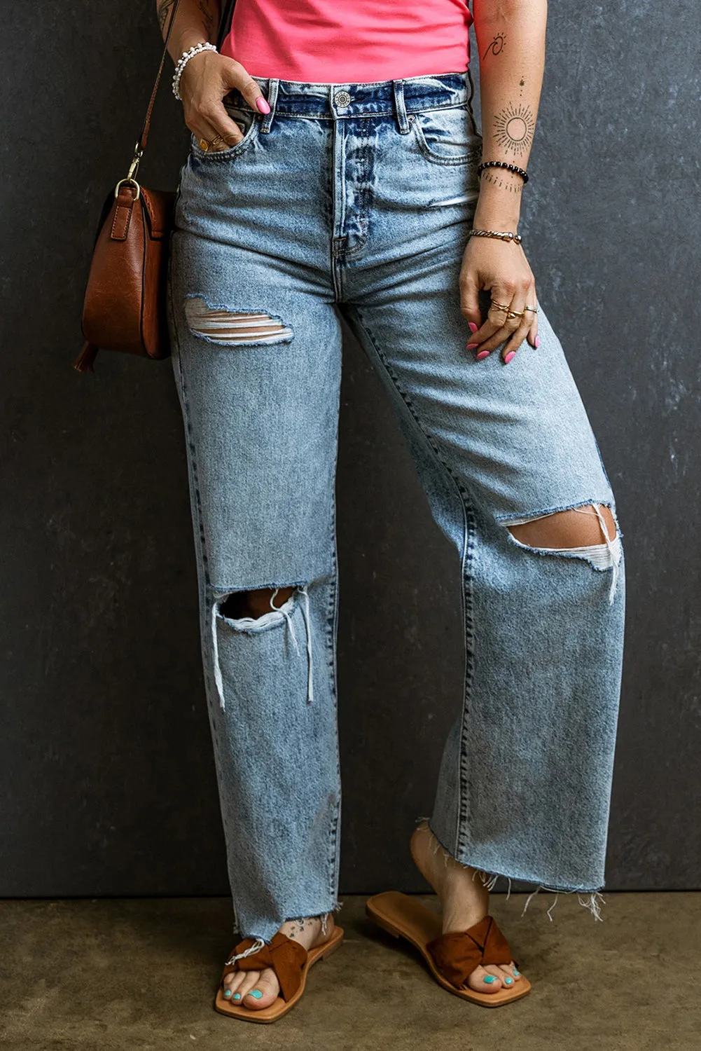 Light Blue Distressed Ripped Raw Hem Straight Jeans