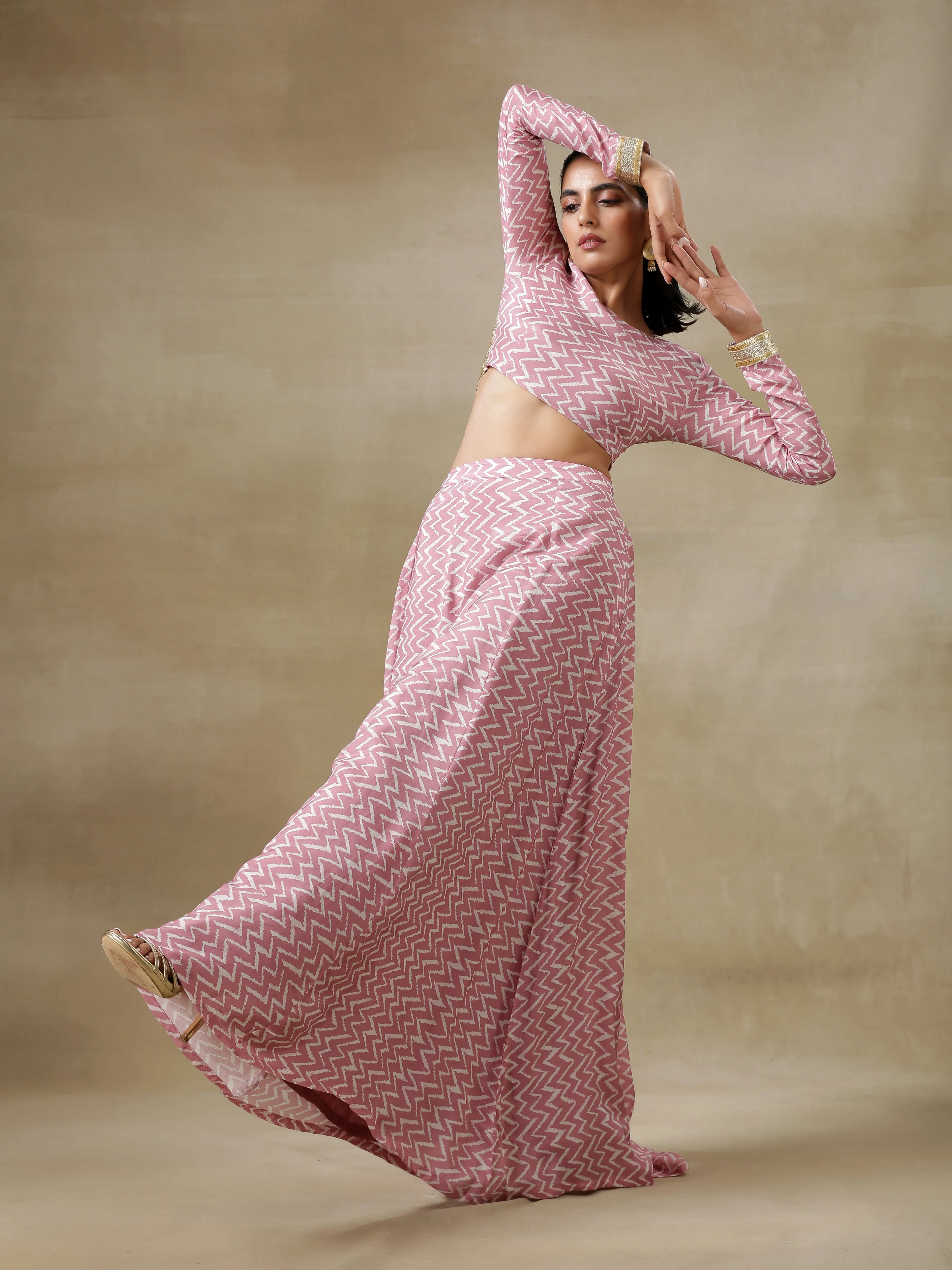 Light Mauve Bandhani Printed Silk Top Skirt Set