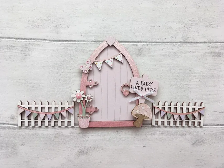 Light Pink Bunting Fairy Door Set with Fencing