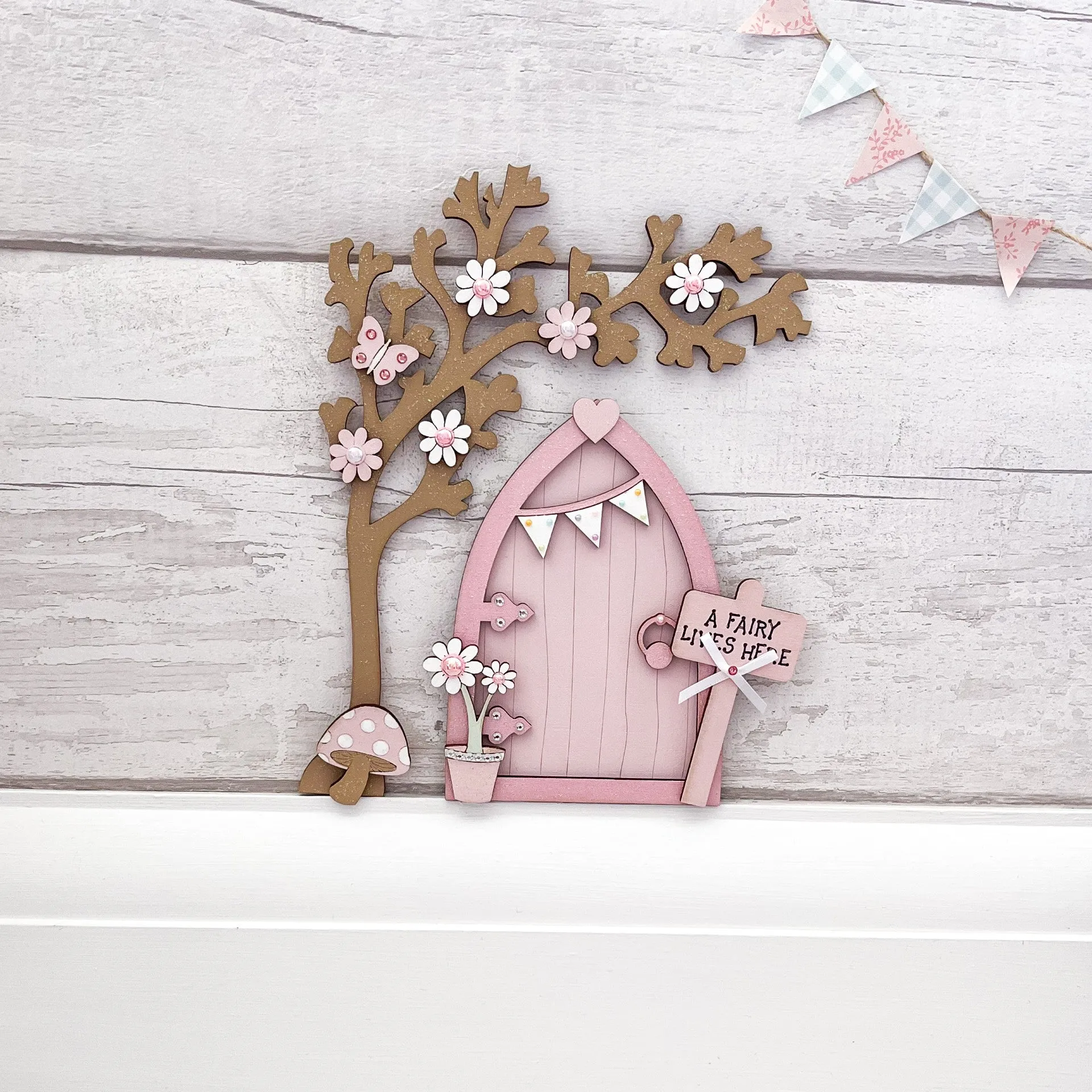 Light Pink Bunting Fairy Door with Blossom Tree Set