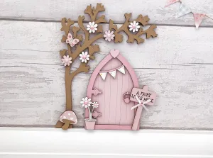 Light Pink Bunting Fairy Door with Blossom Tree Set